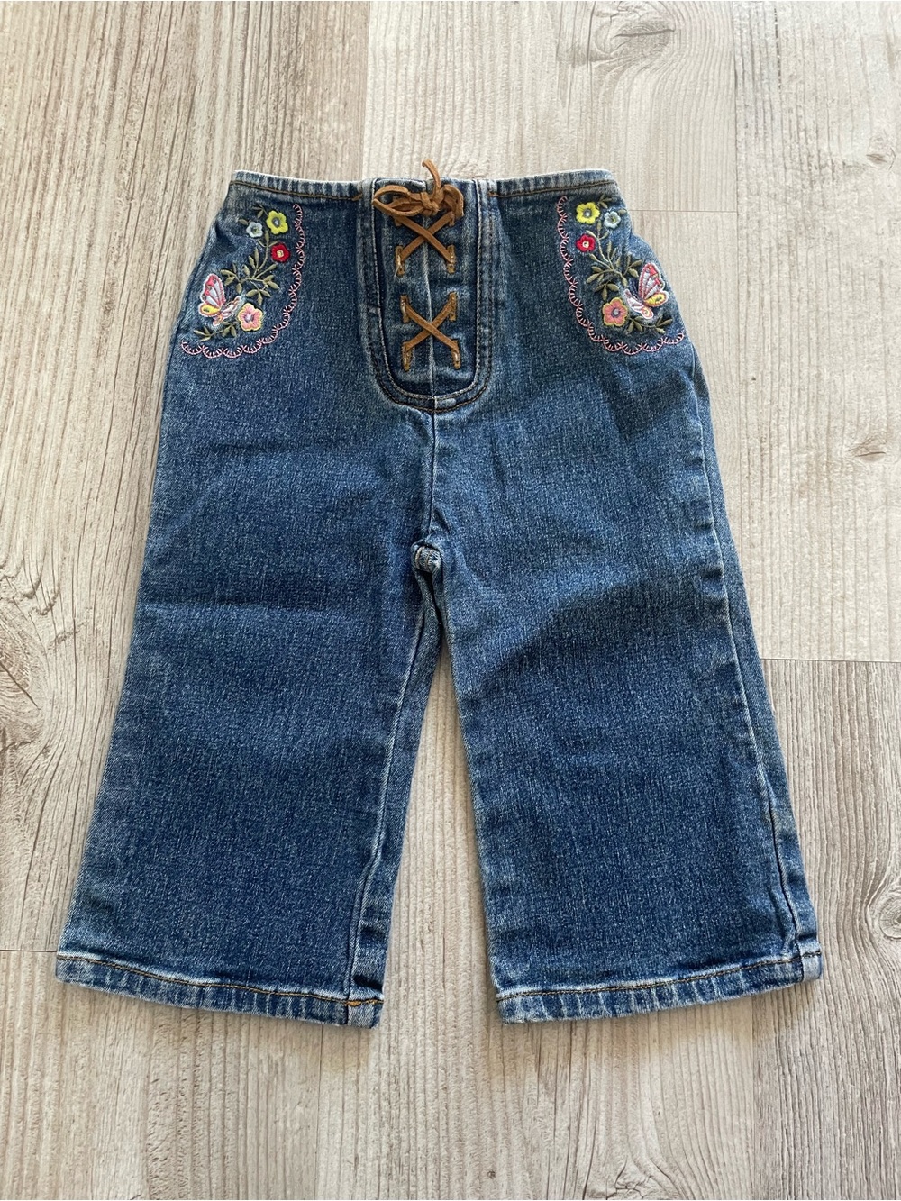 Embroidered Blue Denim Kids Pants with Lace-Up Front-size 12 M